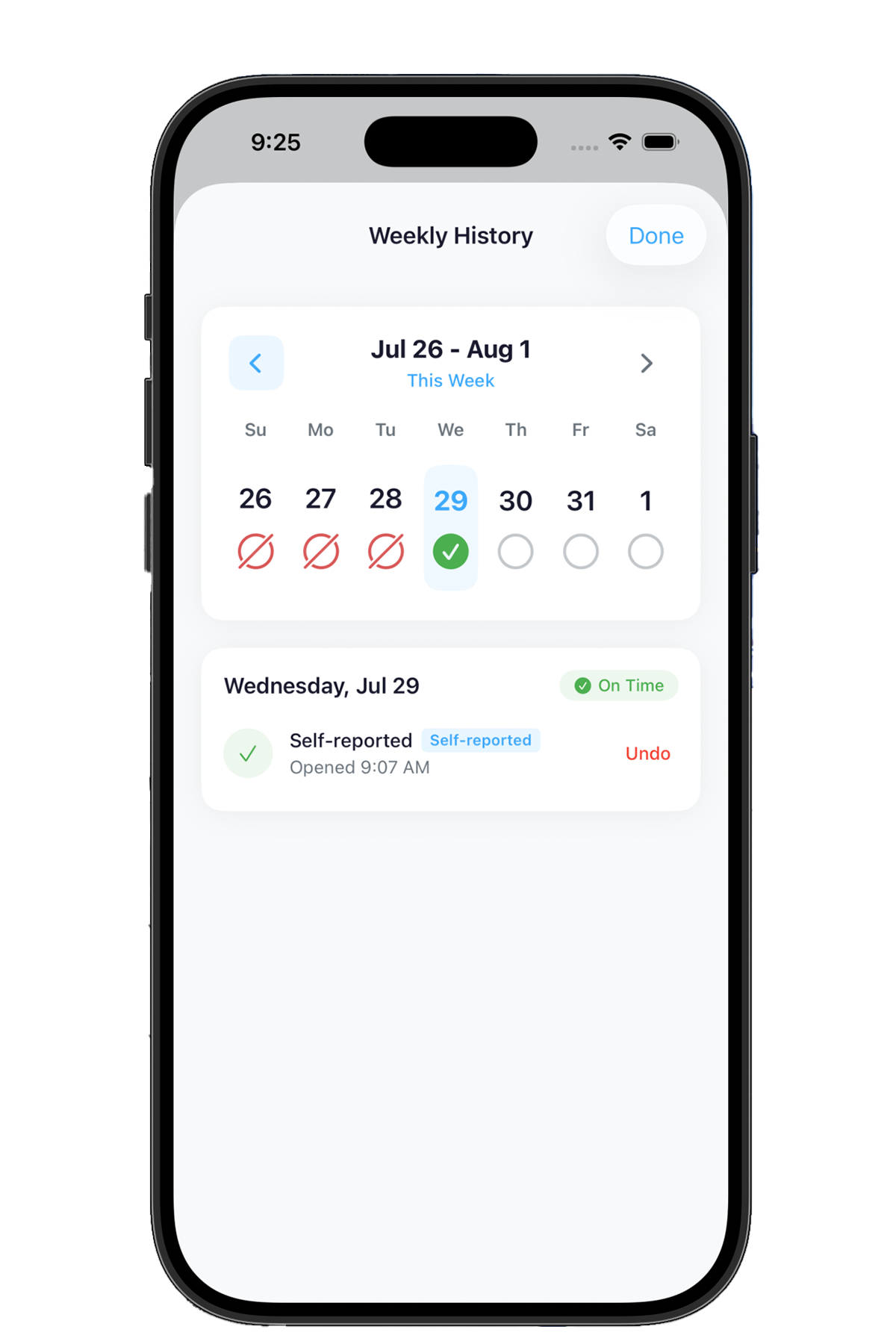 Regimen app Weekly History screen